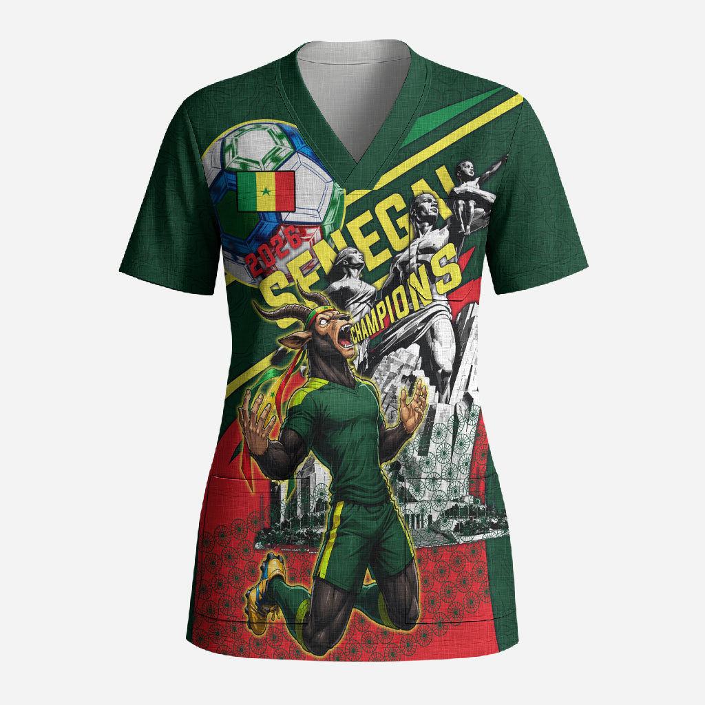 Custom Senegal Champions Football 2026 Scrub Top Teranga Lions G.O.A.T Mascot - African Renaissance Monument
