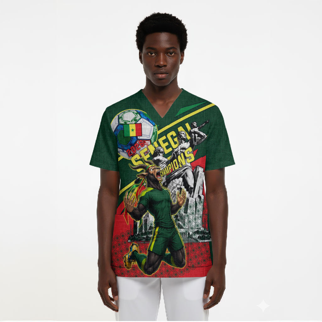 Custom Senegal Champions Football 2026 Scrub Top Teranga Lions G.O.A.T Mascot - African Renaissance Monument