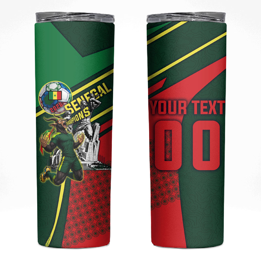 Custom Senegal Champions Football 2026 Skinny Tumbler Teranga Lions G.O.A.T Mascot - African Renaissance Monument