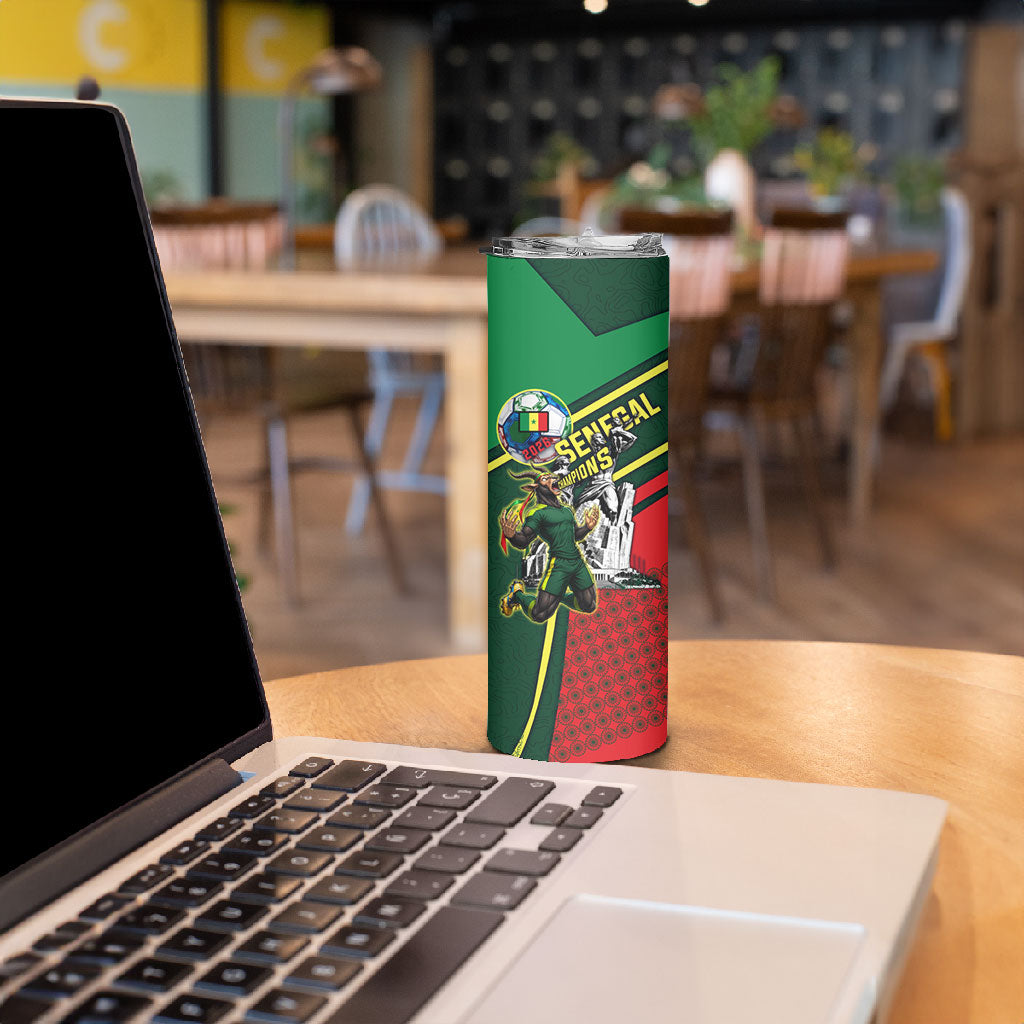 Custom Senegal Champions Football 2026 Skinny Tumbler Teranga Lions G.O.A.T Mascot - African Renaissance Monument