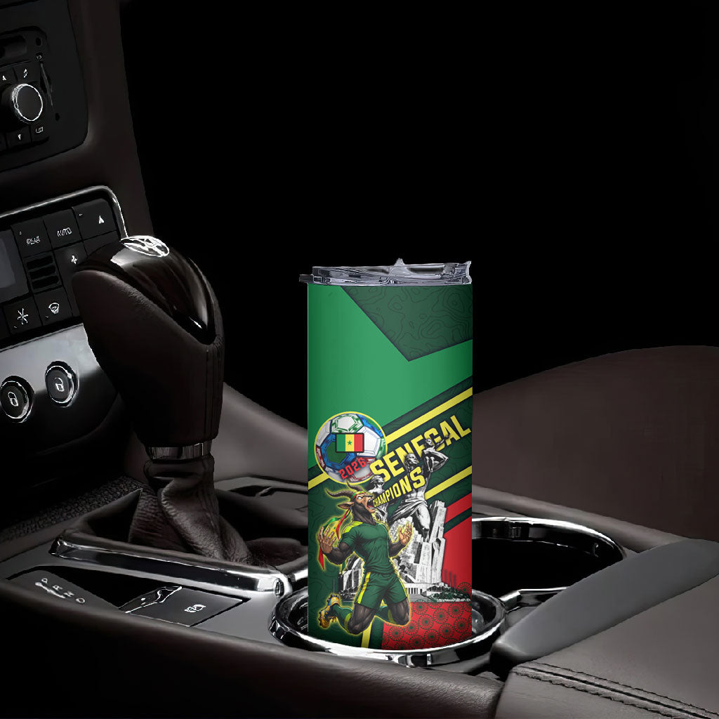 Custom Senegal Champions Football 2026 Skinny Tumbler Teranga Lions G.O.A.T Mascot - African Renaissance Monument