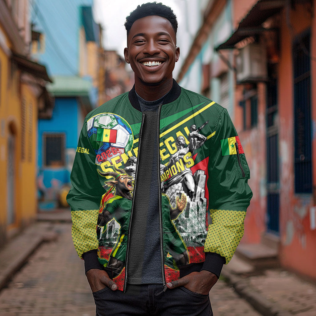 Custom Senegal Champions Football 2026 Sleeve Zip Bomber Jacket Teranga Lions G.O.A.T Mascot - African Renaissance Monument