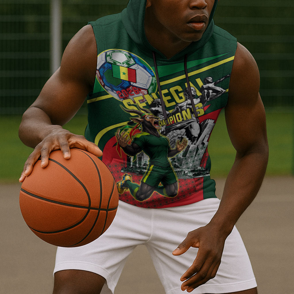 Custom Senegal Champions Football 2026 Sleeveless Hoodie Teranga Lions G.O.A.T Mascot - African Renaissance Monument