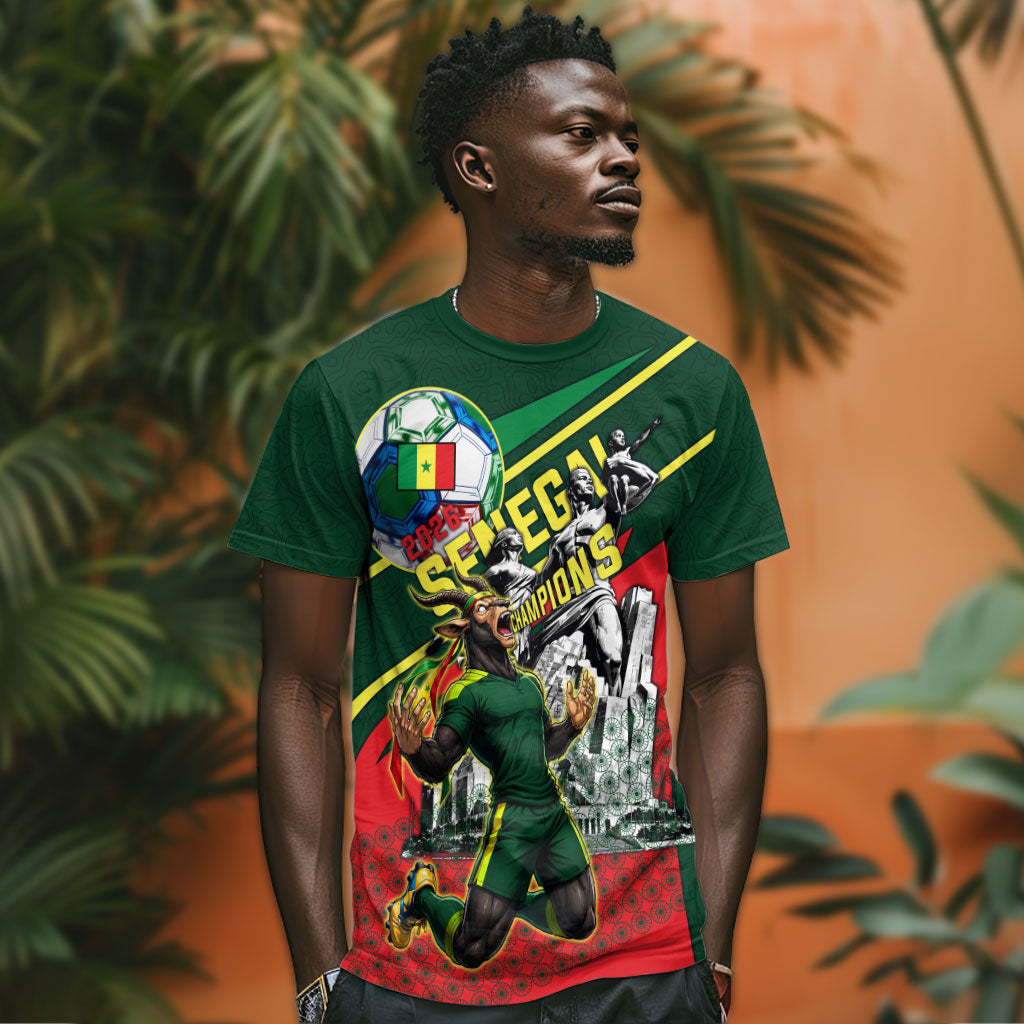 Custom Senegal Champions Football 2026 T shirt Teranga Lions G.O.A.T Mascot - African Renaissance Monument