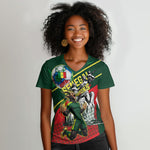 Custom Senegal Champions Football 2026 Women V-Neck T-Shirt Teranga Lions G.O.A.T Mascot - African Renaissance Monument