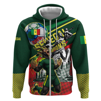 Custom Senegal Champions Football 2026 Zip Hoodie Teranga Lions G.O.A.T Mascot - African Renaissance Monument