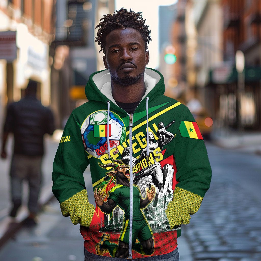 Custom Senegal Champions Football 2026 Zip Hoodie Teranga Lions G.O.A.T Mascot - African Renaissance Monument