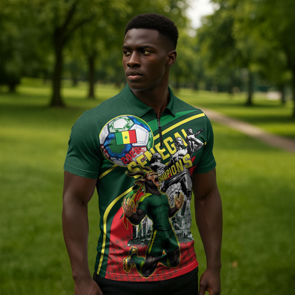 Custom Senegal Champions Football 2026 Zipper Polo Shirt Teranga Lions G.O.A.T Mascot - African Renaissance Monument