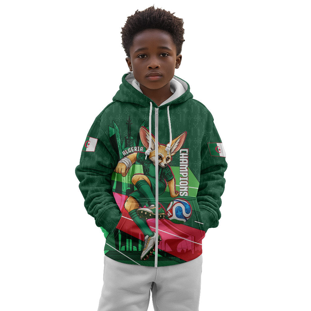 Personalized Algeria Football Champions Kid Hoodie Fennec Fox Mascot - Algiers Martyrs Memorial