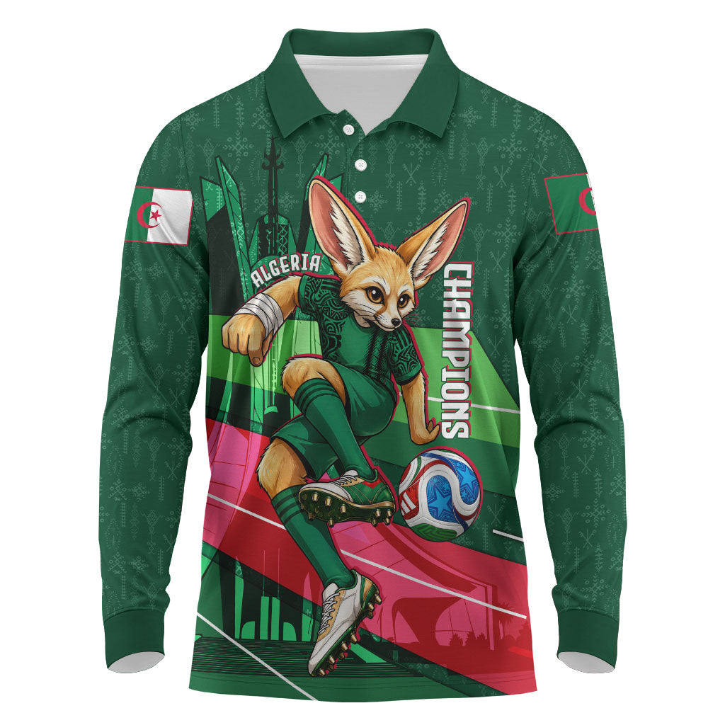 Personalized Algeria Football Champions Long Sleeve Polo Shirt Fennec Fox Mascot - Algiers Martyrs Memorial