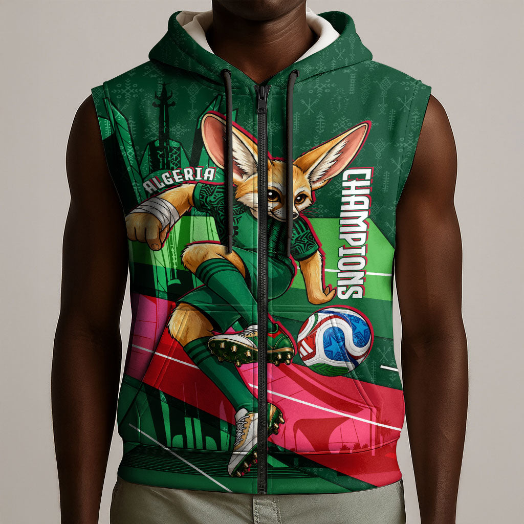 Personalized Algeria Football Champions Sleeveless Zip Hoodie Fennec Fox Mascot - Algiers Martyrs Memorial