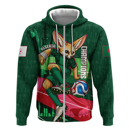 Personalized Algeria Football Champions Zip Hoodie Fennec Fox Mascot - Algiers Martyrs Memorial