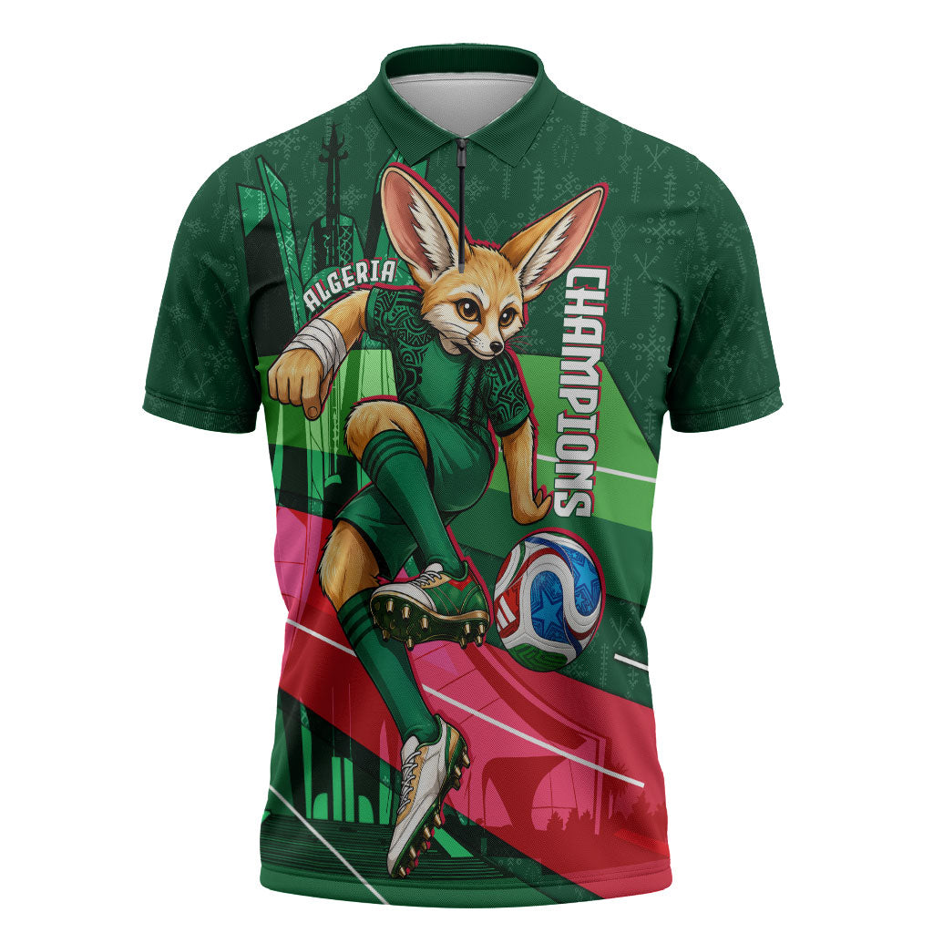 Personalized Algeria Football Champions Zipper Polo Shirt Fennec Fox Mascot - Algiers Martyrs Memorial