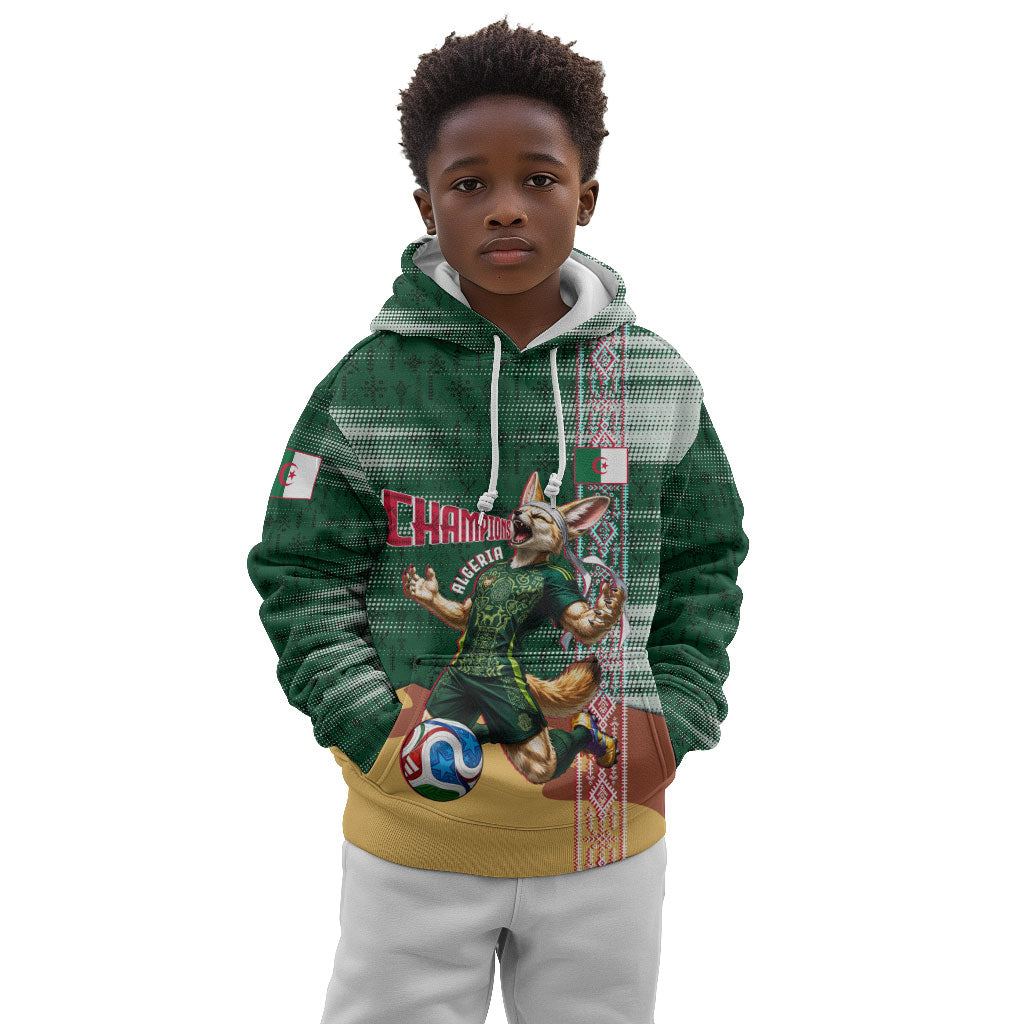 Personalized Algeria Champions Football 2026 Kid Hoodie Fennec Fox Victory Mascot - Traditional Berber Pattern