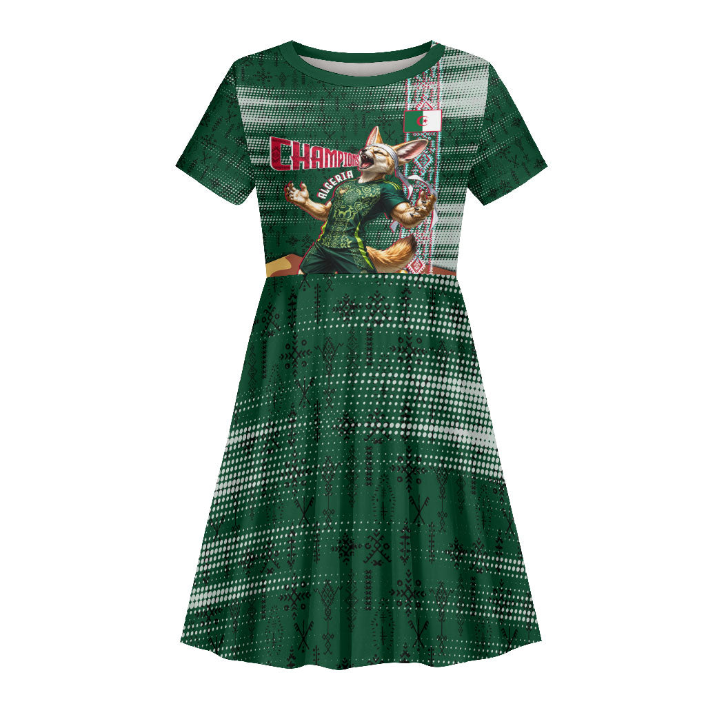 Personalized Algeria Champions Football 2026 Kid Short Sleeve Dress Fennec Fox Victory Mascot - Traditional Berber Pattern