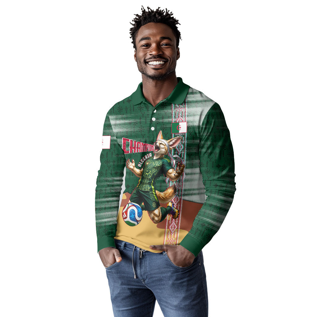 Personalized Algeria Champions Football 2026 Long Sleeve Polo Shirt Fennec Fox Victory Mascot - Traditional Berber Pattern