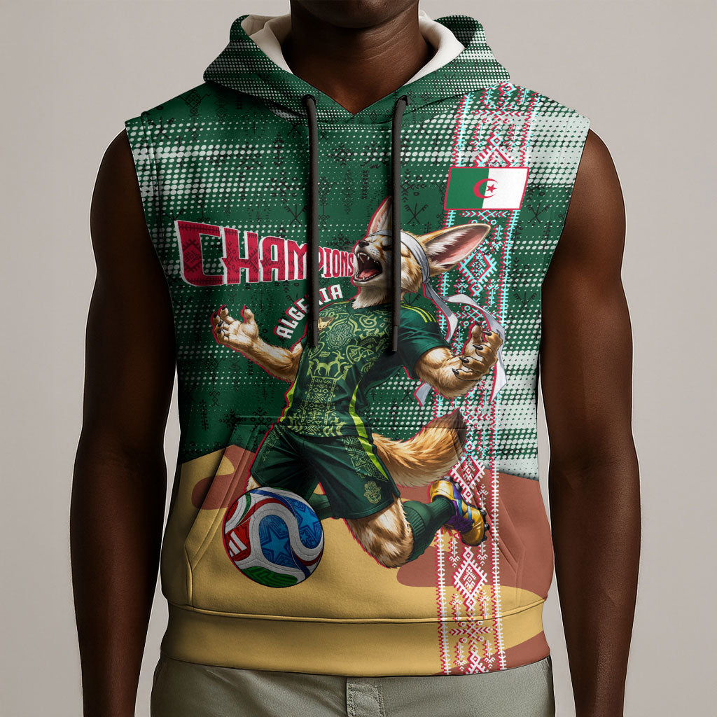 Personalized Algeria Champions Football 2026 Sleeveless Hoodie Fennec Fox Victory Mascot - Traditional Berber Pattern