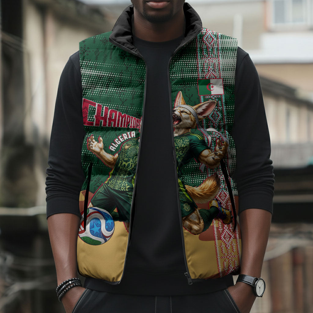 Personalized Algeria Champions Football 2026 Sleeveless Puffer Jacket Fennec Fox Victory Mascot - Traditional Berber Pattern
