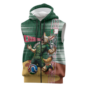 Personalized Algeria Champions Football 2026 Sleeveless Zip Hoodie Fennec Fox Victory Mascot - Traditional Berber Pattern