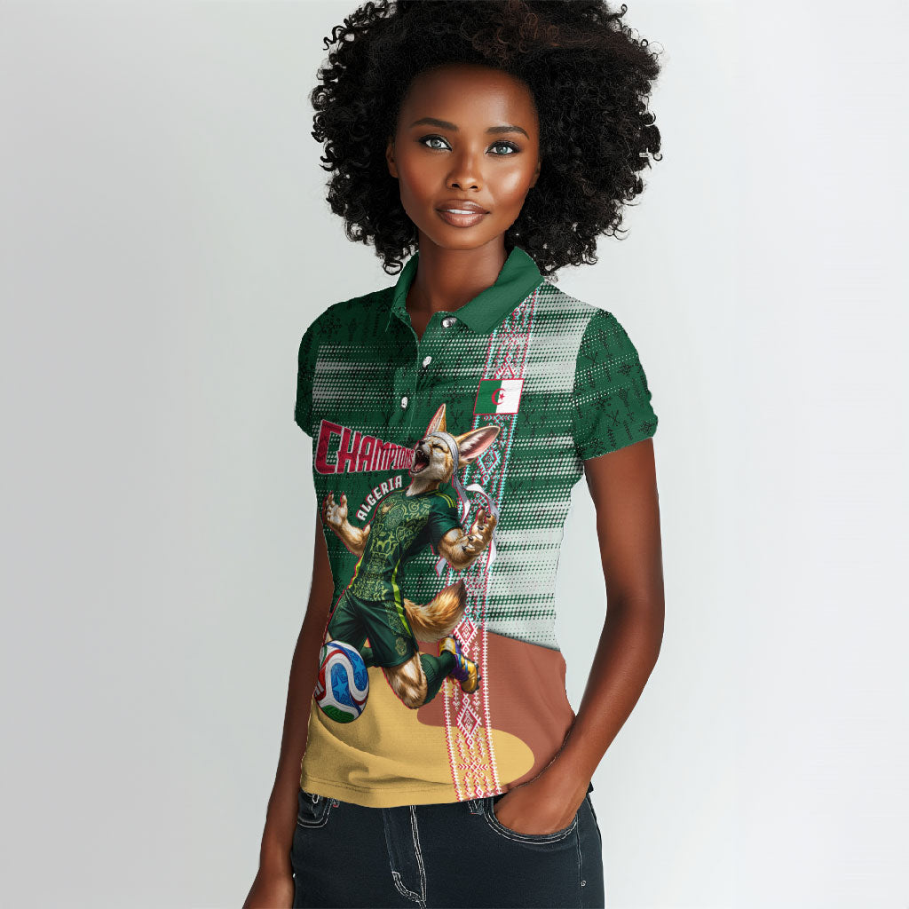 Personalized Algeria Champions Football 2026 Women Polo Shirt Fennec Fox Victory Mascot - Traditional Berber Pattern