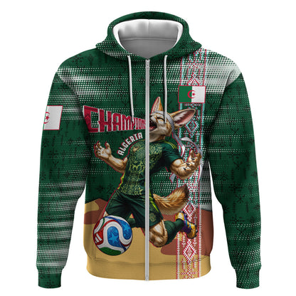 Personalized Algeria Champions Football 2026 Zip Hoodie Fennec Fox Victory Mascot - Traditional Berber Pattern