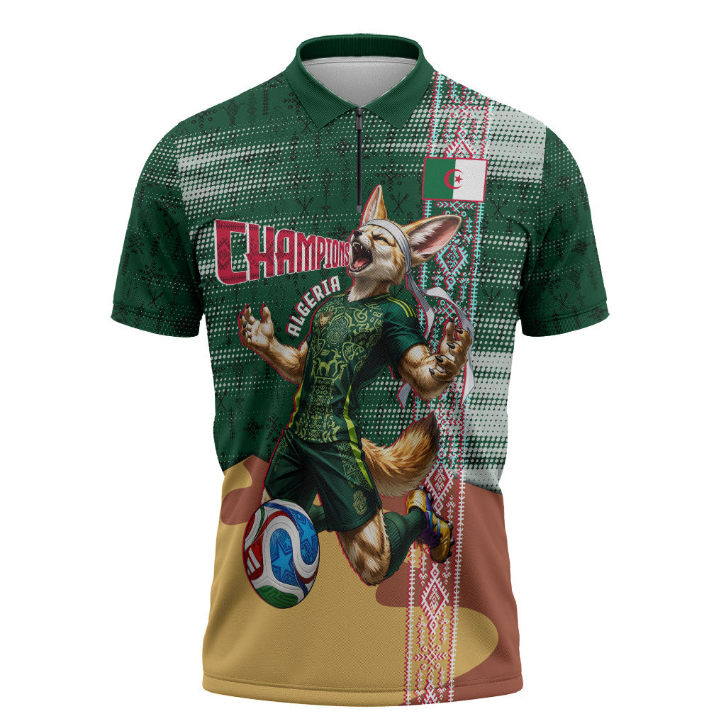 Personalized Algeria Champions Football 2026 Zipper Polo Shirt Fennec Fox Victory Mascot - Traditional Berber Pattern