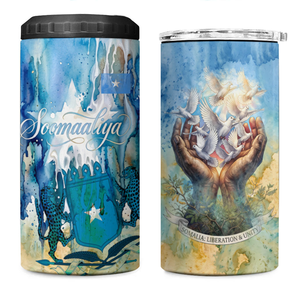 Somalia Liberation Unity 4 in 1 Can Cooler Tumbler Soomaaliya Script Peace Dove Watercolor