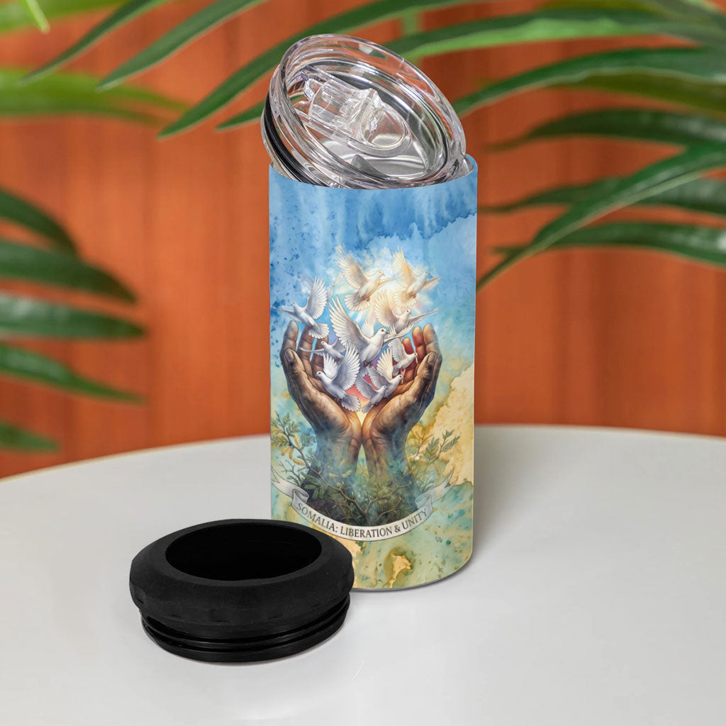 Somalia Liberation Unity 4 in 1 Can Cooler Tumbler Soomaaliya Script Peace Dove Watercolor