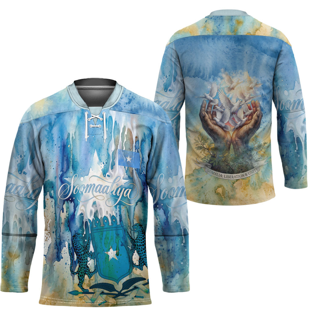 Somalia Liberation Unity Hockey Jersey Soomaaliya Script Peace Dove Watercolor