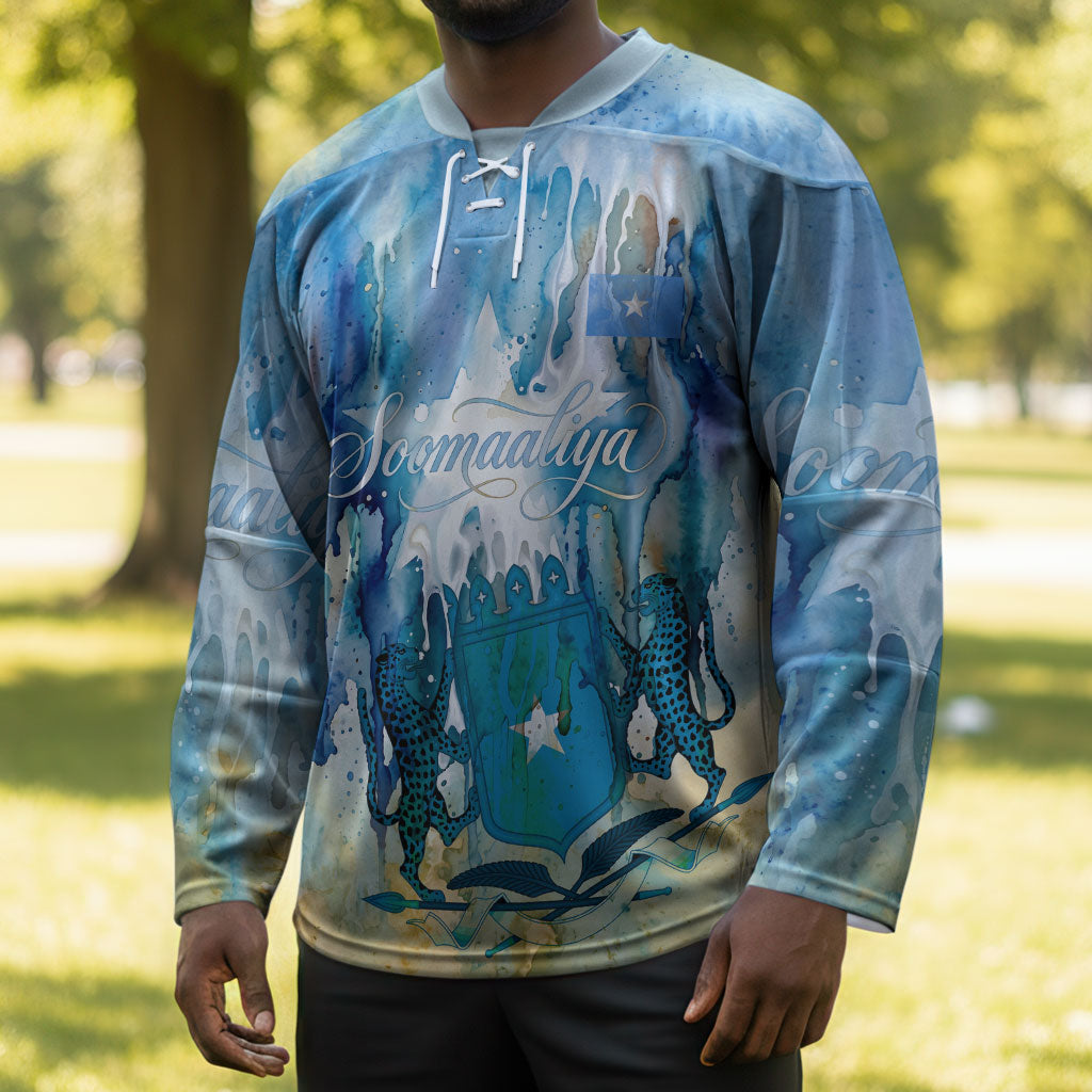 Somalia Liberation Unity Hockey Jersey Soomaaliya Script Peace Dove Watercolor