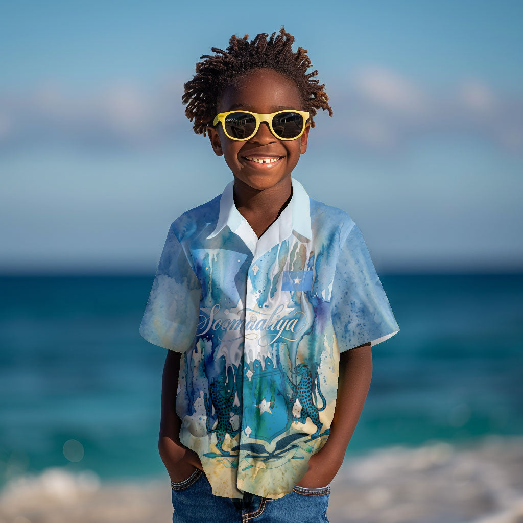 Somalia Liberation Unity Kid Hawaiian Shirt Soomaaliya Script Peace Dove Watercolor