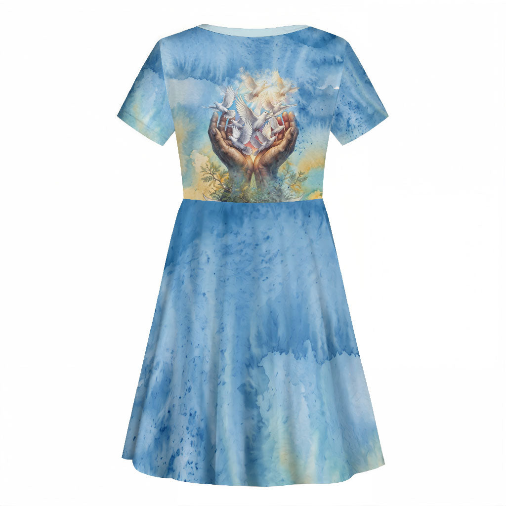 Somalia Liberation Unity Kid Short Sleeve Dress Soomaaliya Script Peace Dove Watercolor