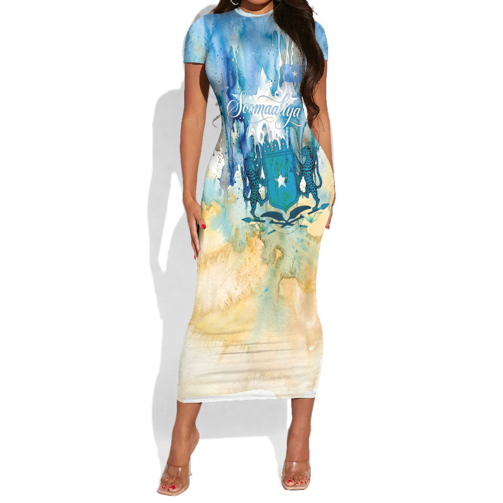Somalia Liberation Unity Short Sleeve Bodycon Dress Soomaaliya Script Peace Dove Watercolor