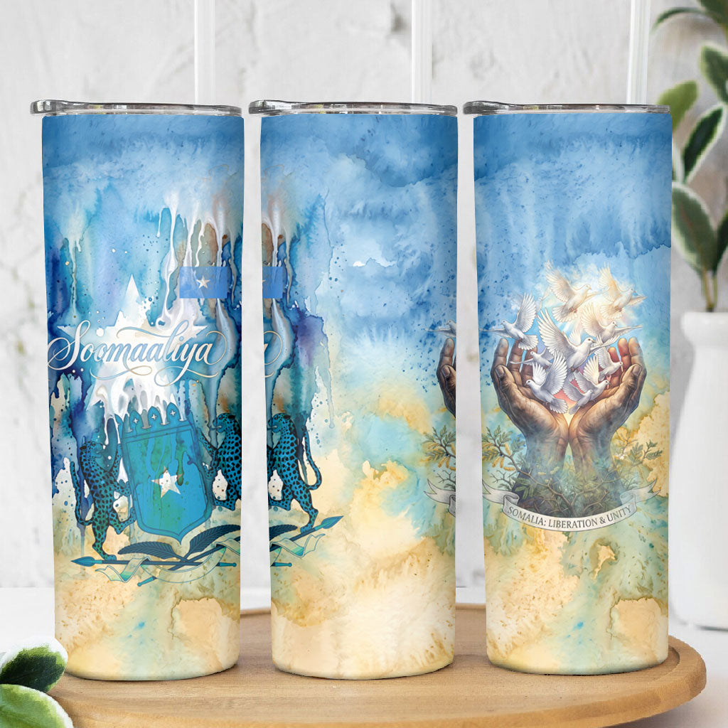 Somalia Liberation Unity Skinny Tumbler Soomaaliya Script Peace Dove Watercolor