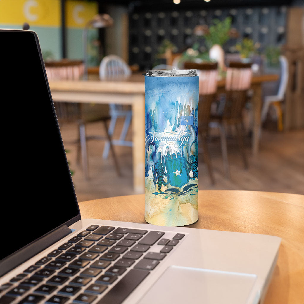 Somalia Liberation Unity Skinny Tumbler Soomaaliya Script Peace Dove Watercolor