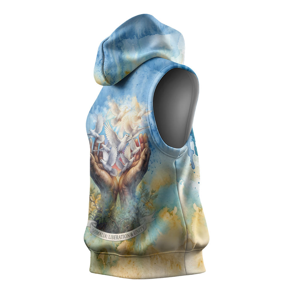 Somalia Liberation Unity Sleeveless Hoodie Soomaaliya Script Peace Dove Watercolor