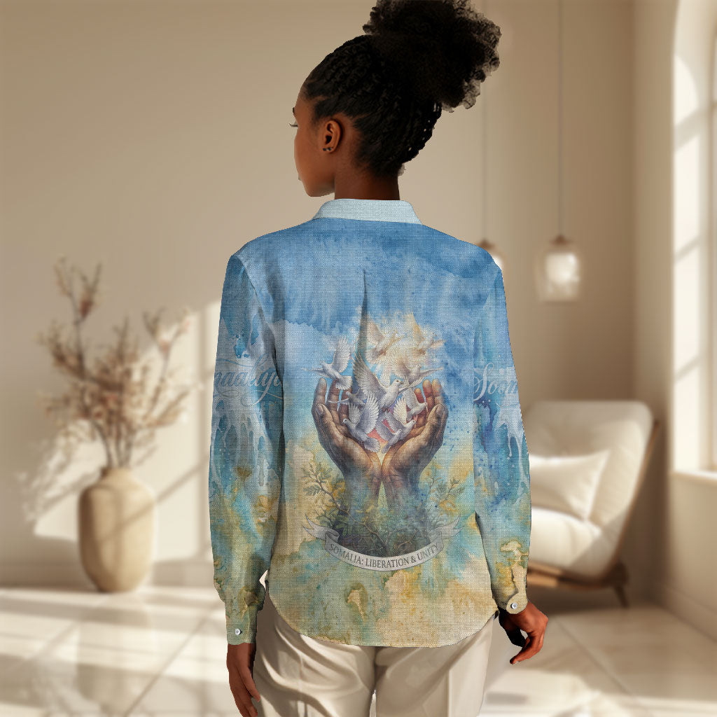Somalia Liberation Unity Women Casual Shirt Soomaaliya Script Peace Dove Watercolor