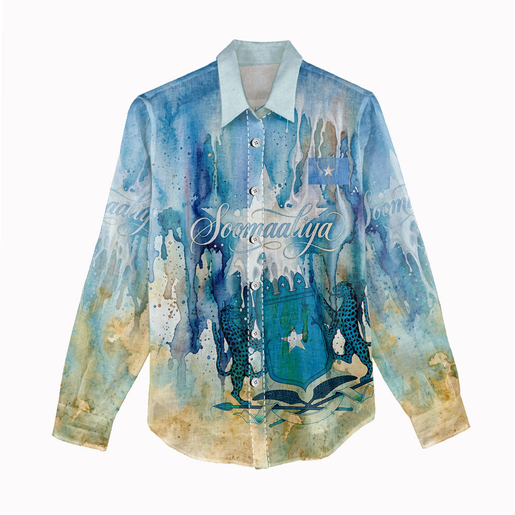 Somalia Liberation Unity Women Casual Shirt Soomaaliya Script Peace Dove Watercolor