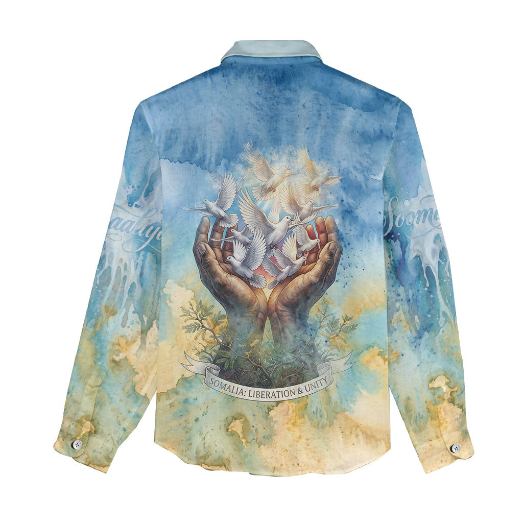 Somalia Liberation Unity Women Casual Shirt Soomaaliya Script Peace Dove Watercolor