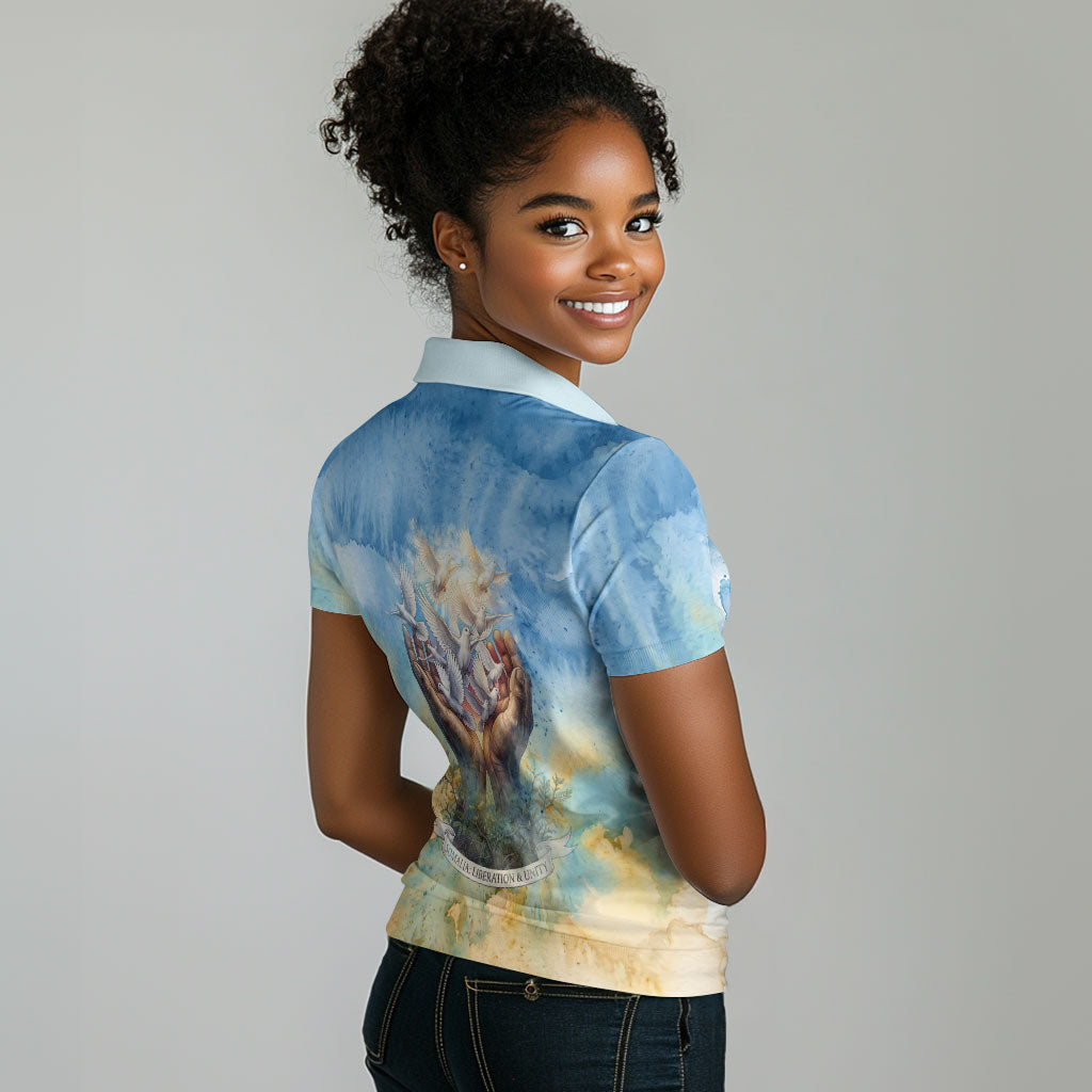 Somalia Liberation Unity Women Polo Shirt Soomaaliya Script Peace Dove Watercolor
