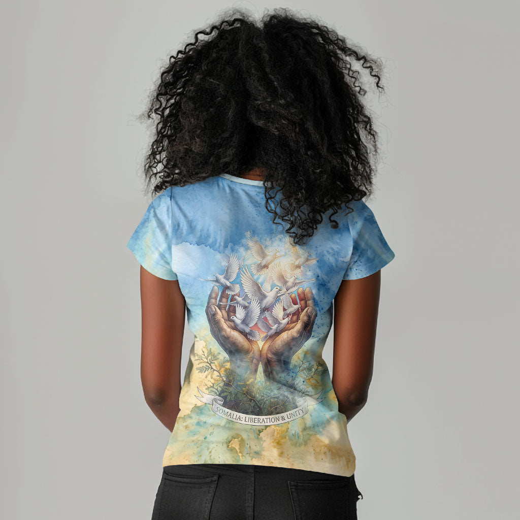 Somalia Liberation Unity Women V-Neck T-Shirt Soomaaliya Script Peace Dove Watercolor