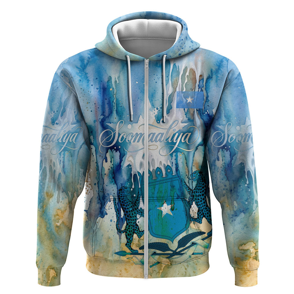 Somalia Liberation Unity Zip Hoodie Soomaaliya Script Peace Dove Watercolor