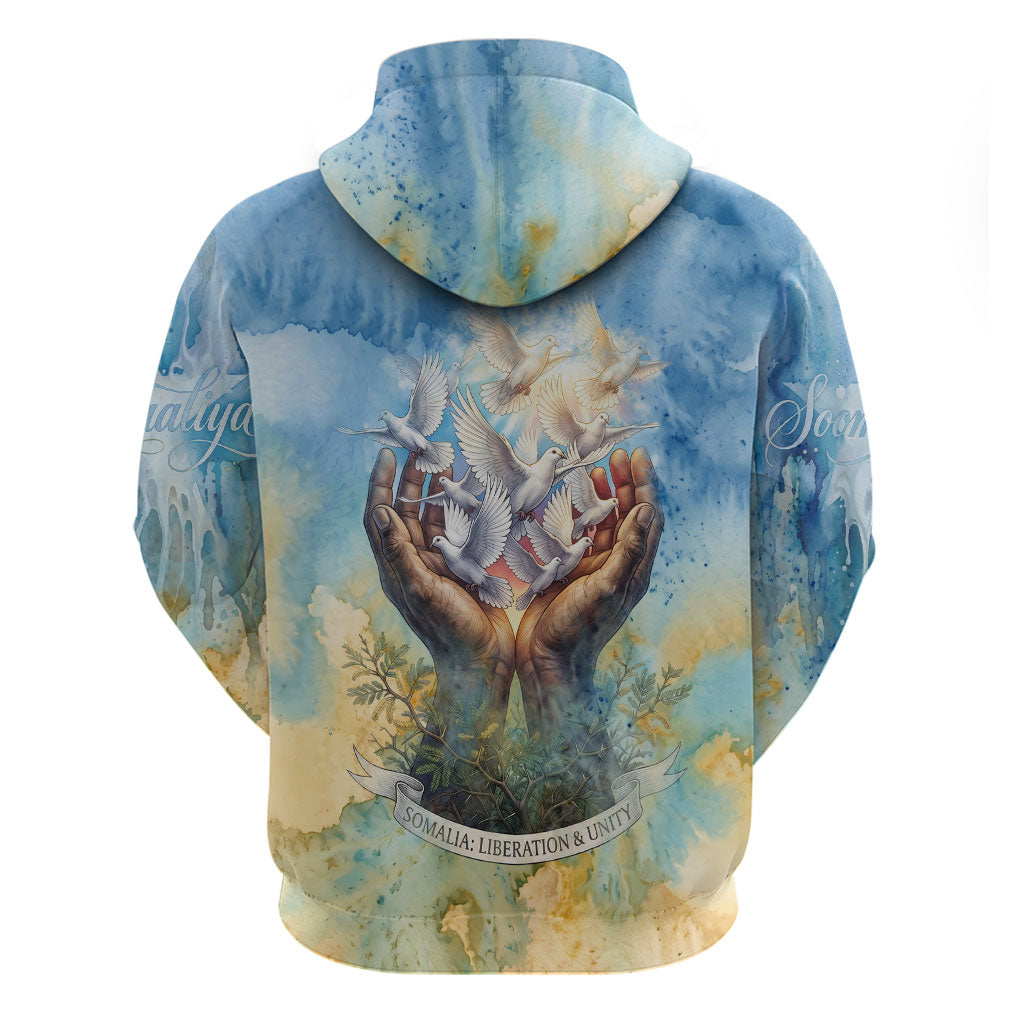 Somalia Liberation Unity Zip Hoodie Soomaaliya Script Peace Dove Watercolor