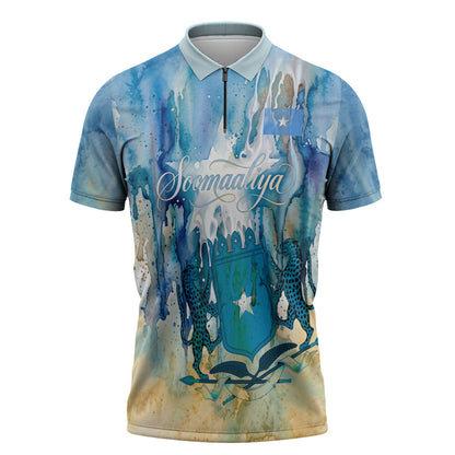 Somalia Liberation Unity Zipper Polo Shirt Soomaaliya Script Peace Dove Watercolor