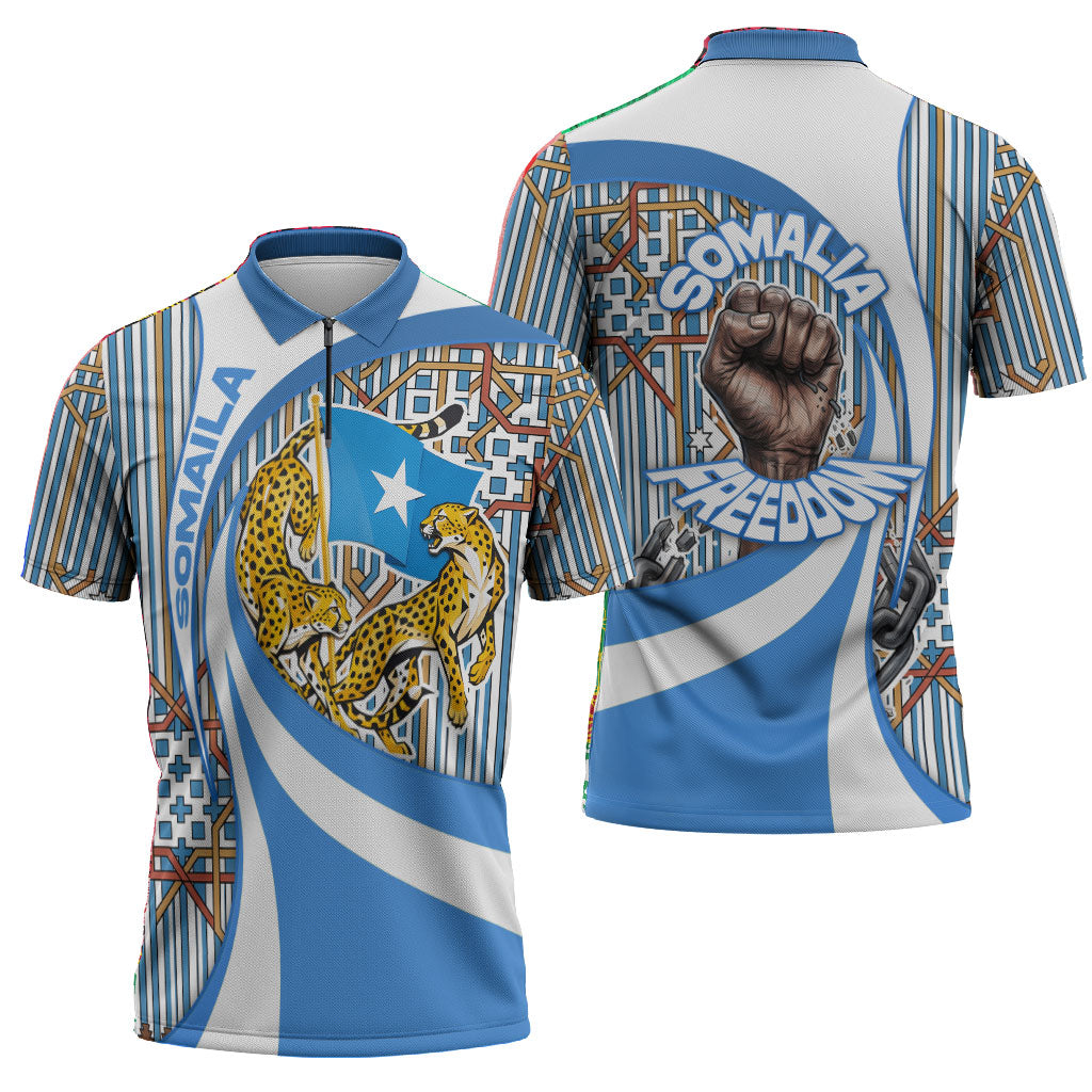 Somalia Freedom Independence Zipper Polo Shirt Leopard Flag Power Fist