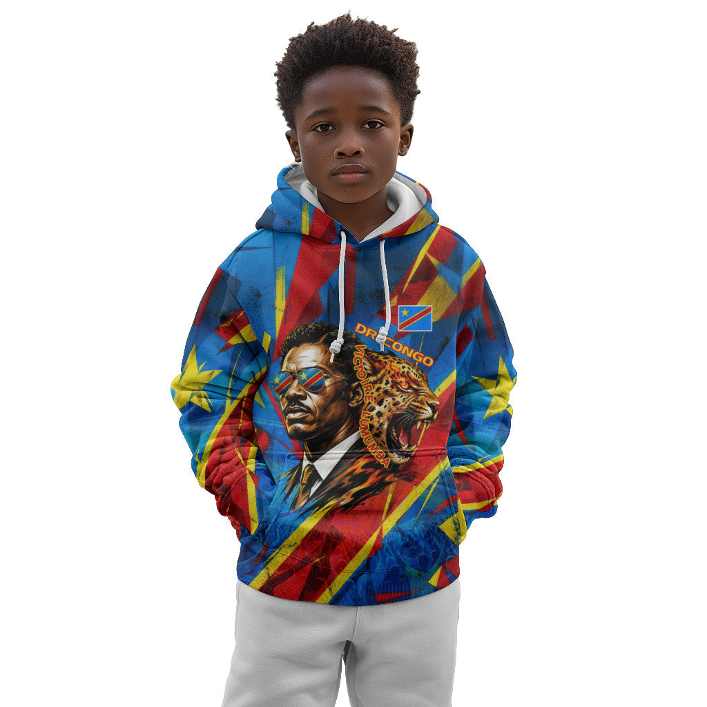 DR Congo Patrice Lumumba Football Victory Kid Hoodie African Pride Leopard And Flag