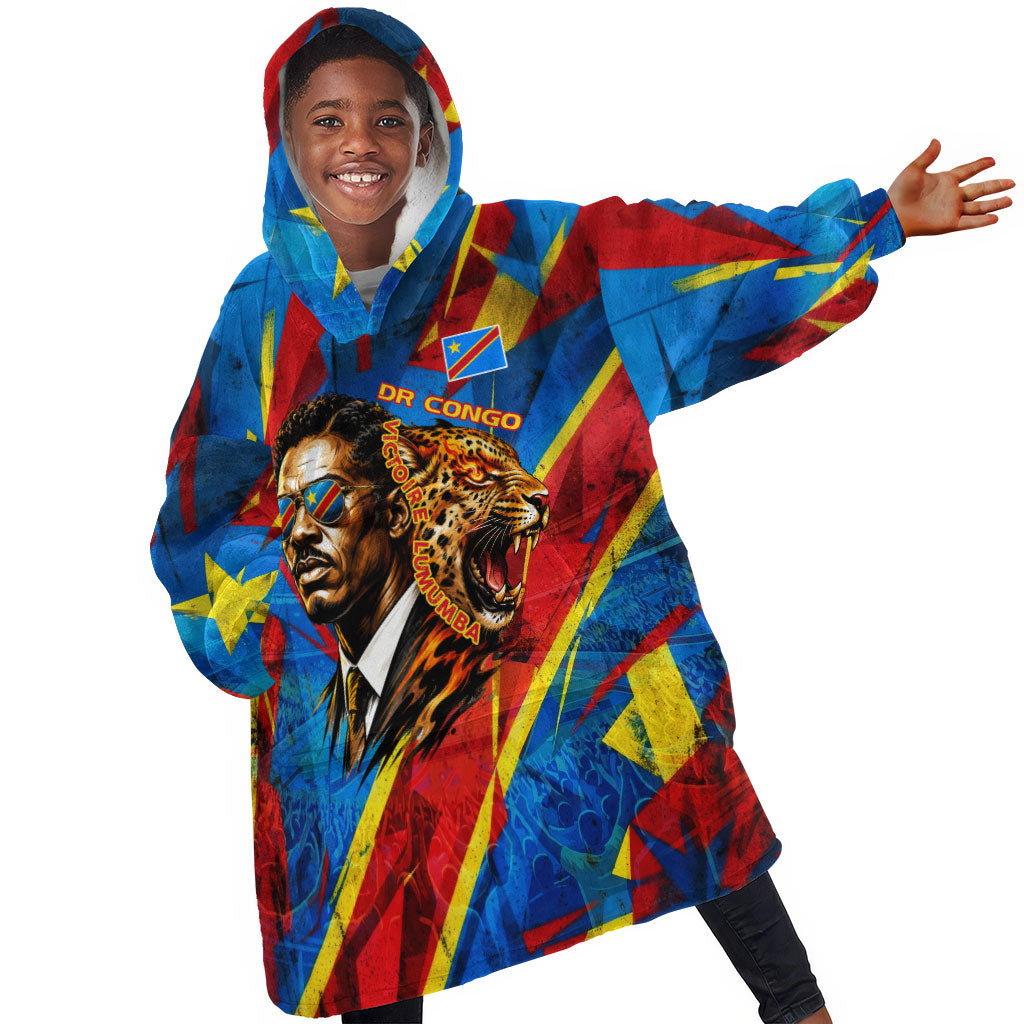 DR Congo Patrice Lumumba Football Victory Kid Wearable Blanket Hoodie African Pride Leopard And Flag