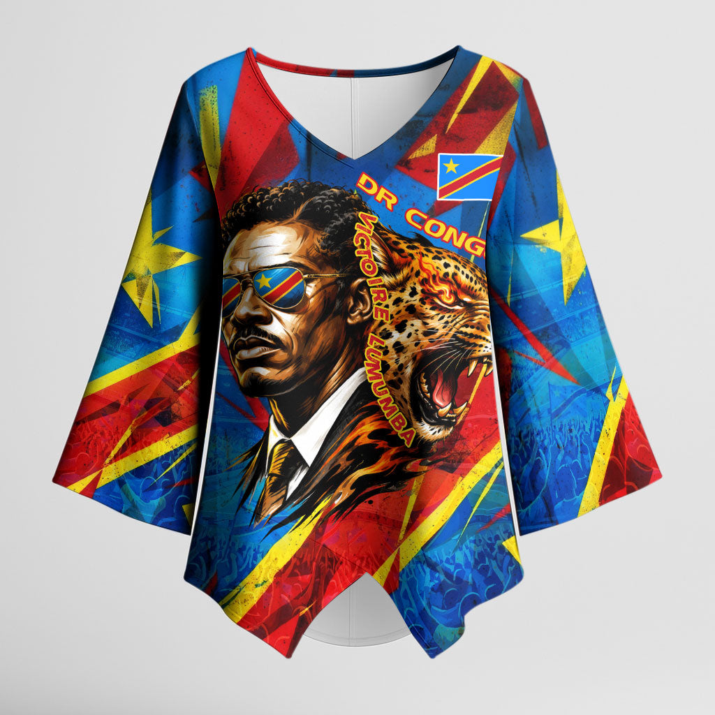 DR Congo Patrice Lumumba Football Victory Kimono Sleeve Blouse African Pride Leopard And Flag