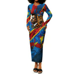 DR Congo Patrice Lumumba Football Victory Long Sleeve Bodycon Dress African Pride Leopard And Flag