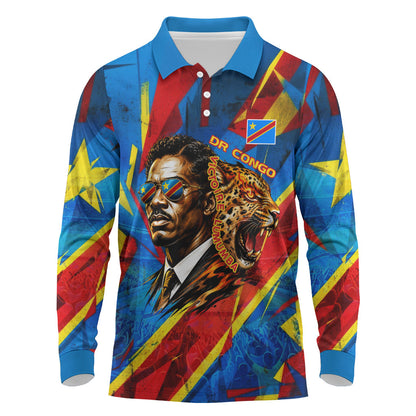 DR Congo Patrice Lumumba Football Victory Long Sleeve Polo Shirt African Pride Leopard And Flag